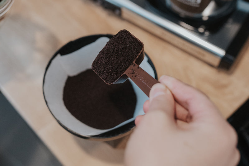 a hand pours a scoop of ground coffee into a prepared brew-basket with filter inserted