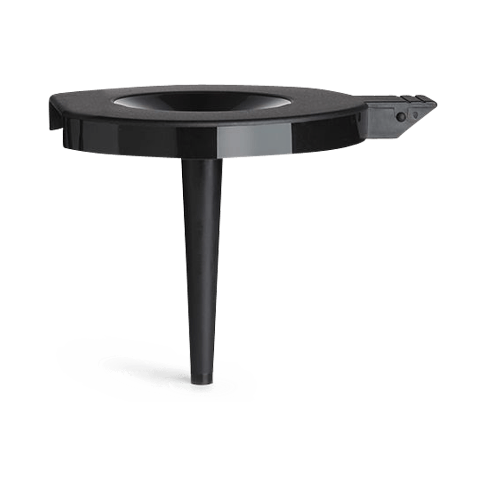 Black coffee machine part with a circular top section, a protruding spout-like feature, and a long central tube.