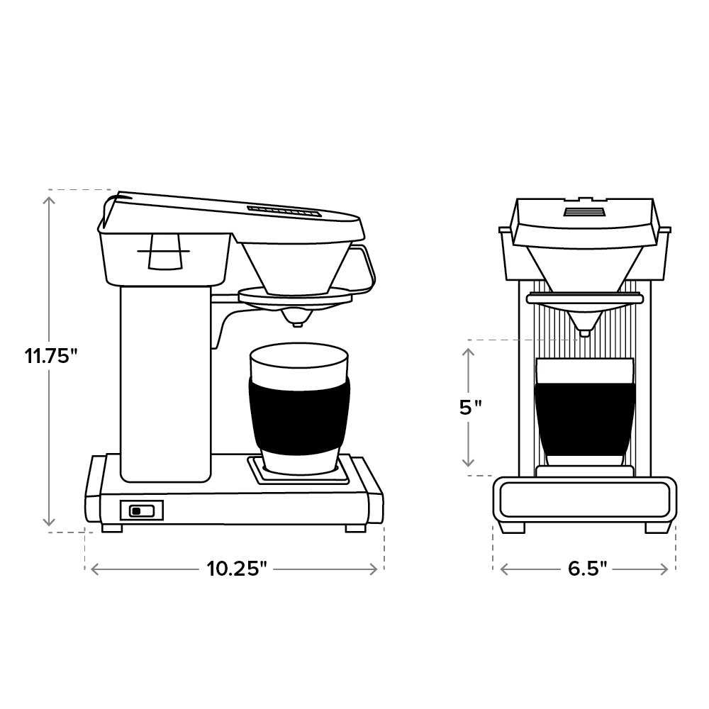 Stencil images of Cup-One, front and Side view, with brewer dimensions - 11.75in High, 10.25in Wide, 6.5in deep,