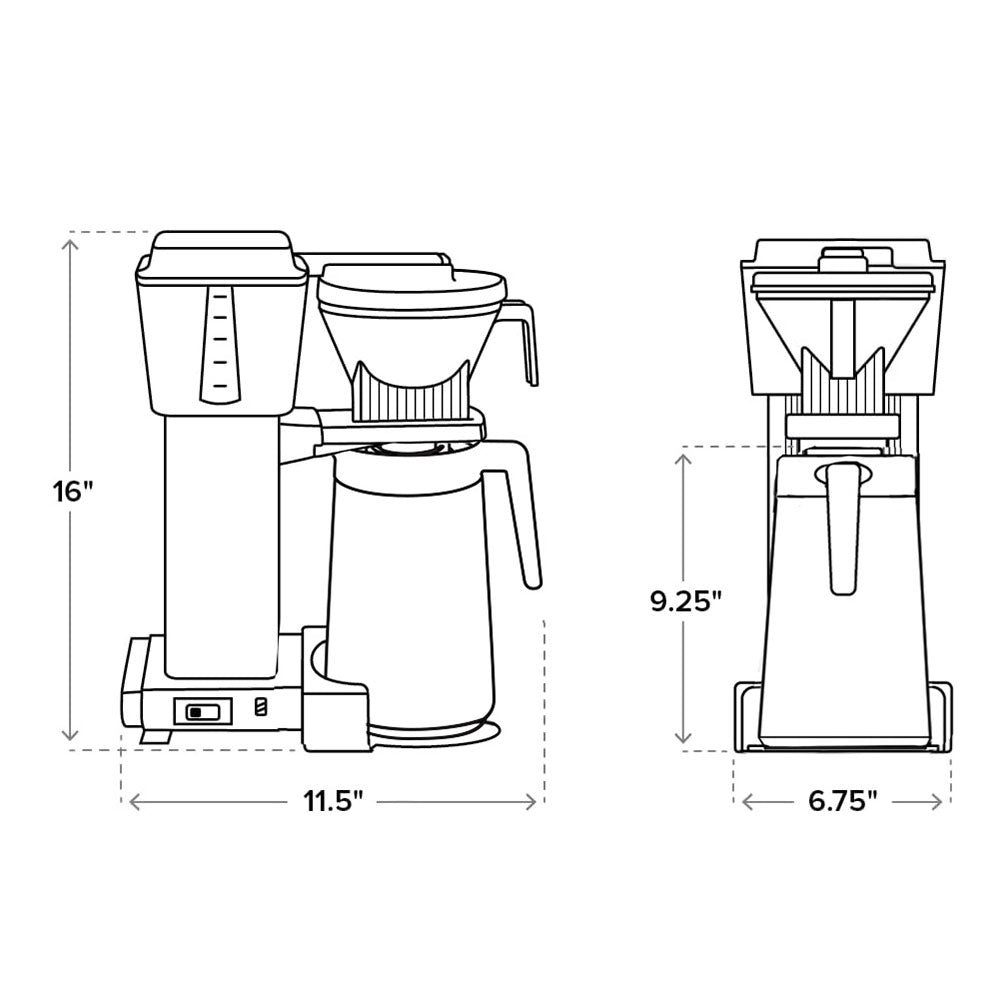 Diagrams of Moccamaster KBGT, front and Side view, with brewer dimensions - 16in High, 11.5in Wide, 6.75in deep