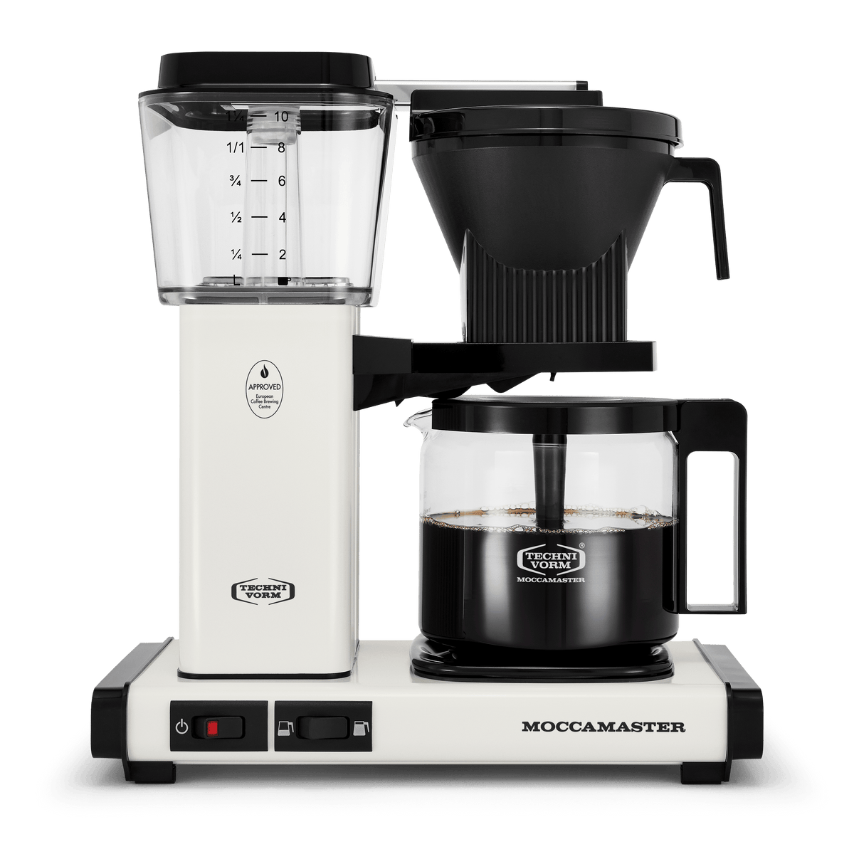 Front shot showing Moccamaster KBGV Select in Off-White, with rectangular tower and base, clear acrylic water reservoir with fill level marks, power and volume selector switch, glass carafe with black handle, and black automatic brew basket.
