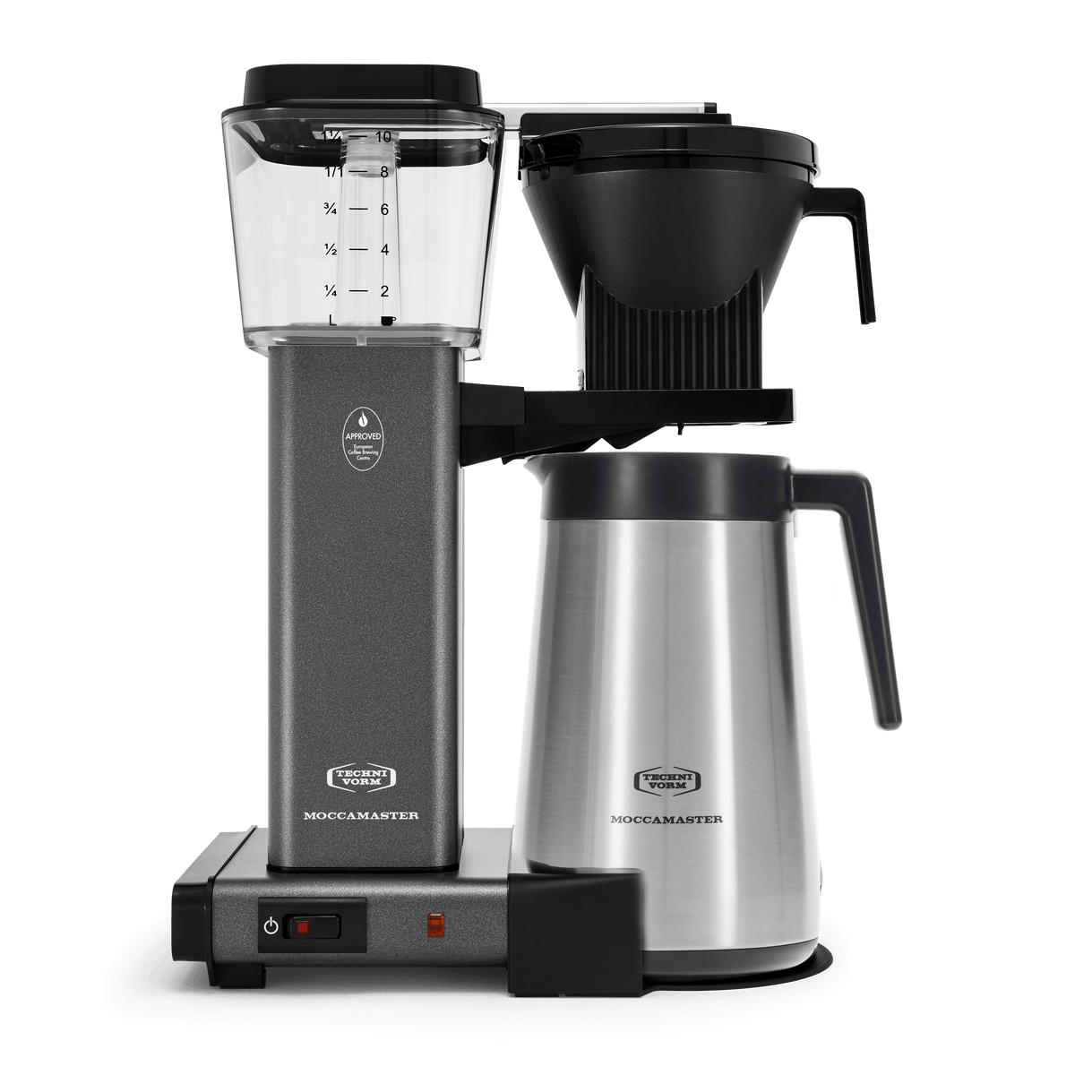 Front shot showing Moccamaster KBGT in Stone Grey, with rectangular tower and base, clear acrylic water reservoir with fill level marks, power and switch, stainless steel thermal carafe with black handle, and black automatic brew basket.  
