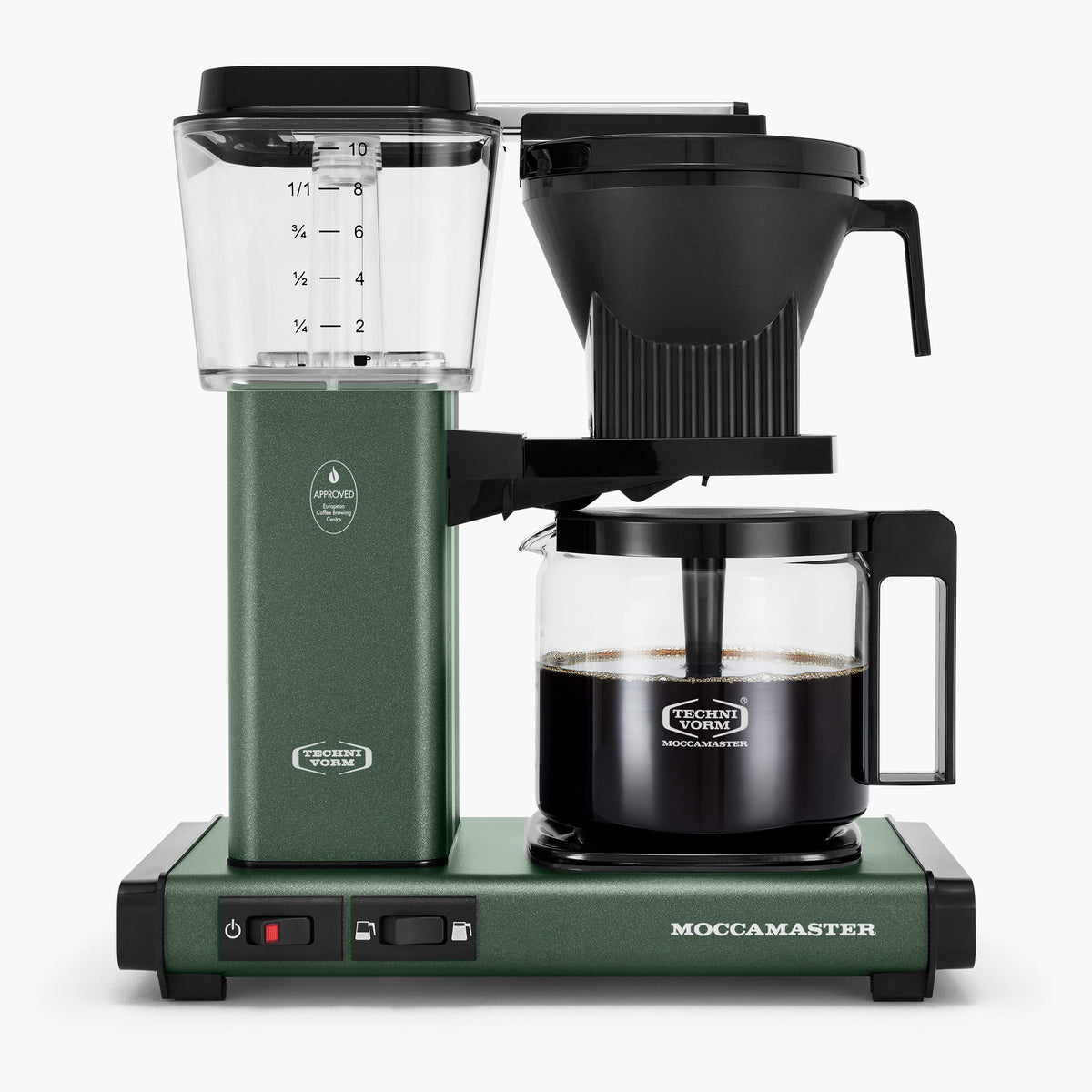 Moccamaster coffee machine in green, featuring a clear water reservoir, filter basket, and glass carafe