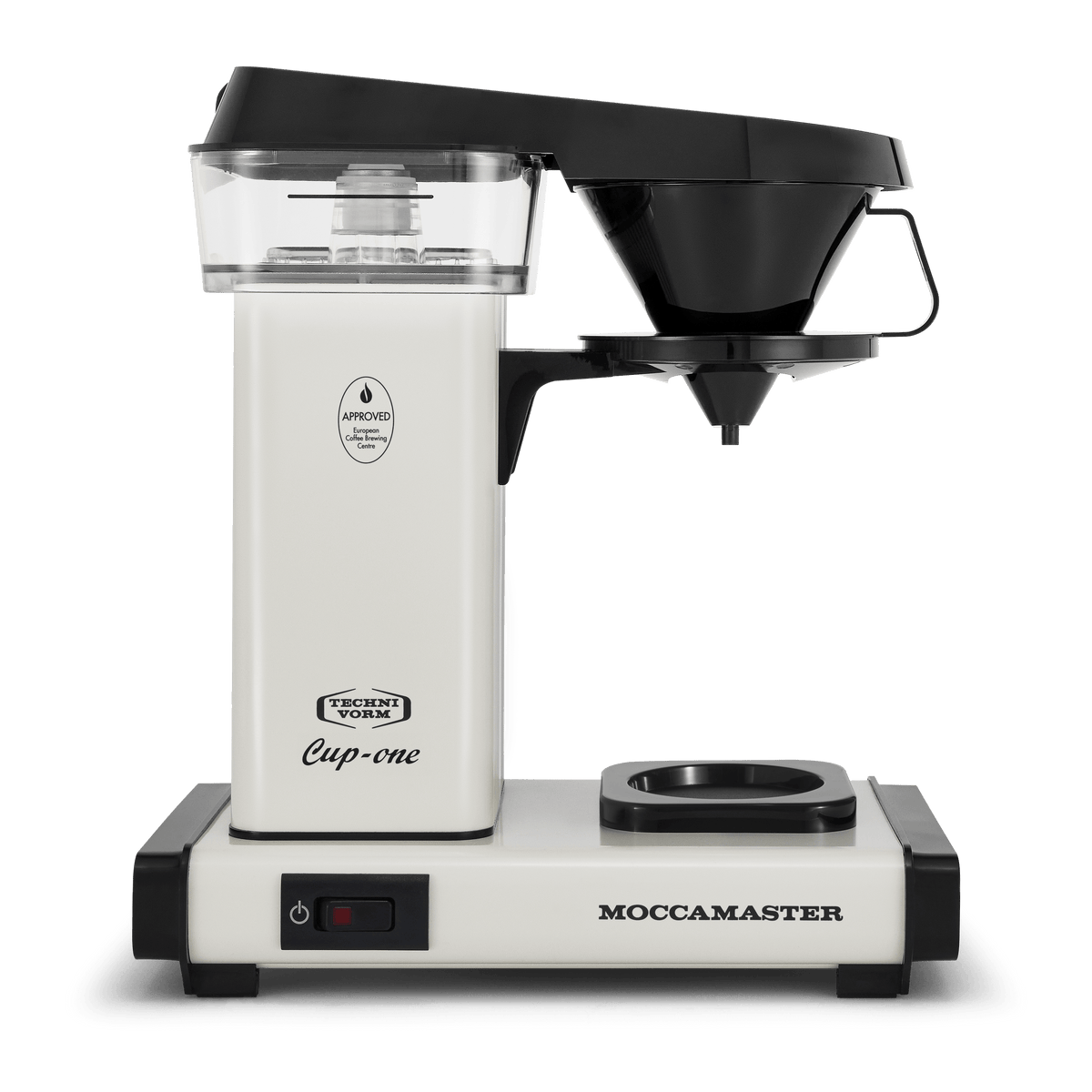 Moccamaster Cup-one Front - off-white single cup coffee brewer, with rectangular body and base, clear acrylic water reservoir, a black removable cup holder, and auto-off power switch