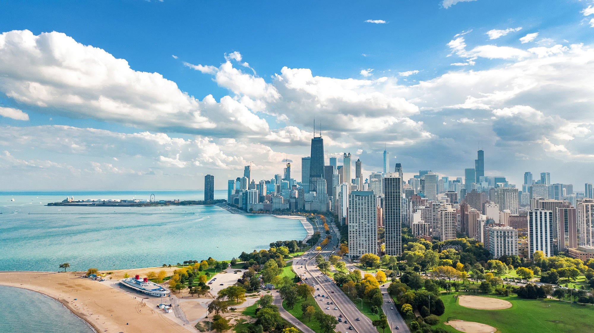 A photo of the Chicago skyline on a mild summer day.