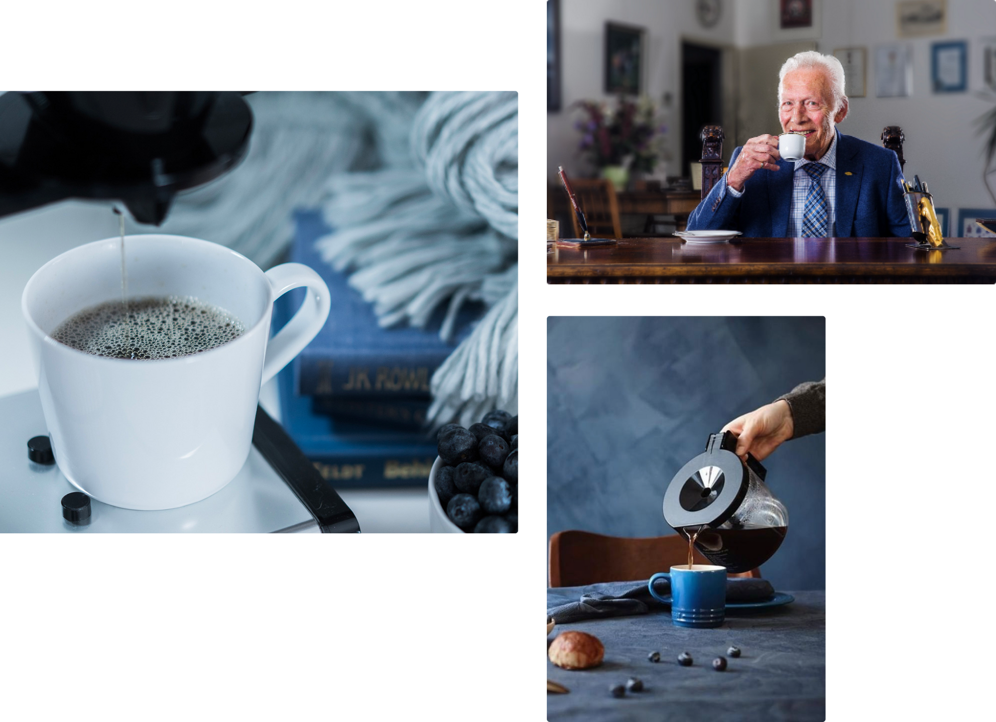 Images of a coffee mug, someone pouring a coffee from a carafe, and Moccamaster founder Gerard C. Smit.