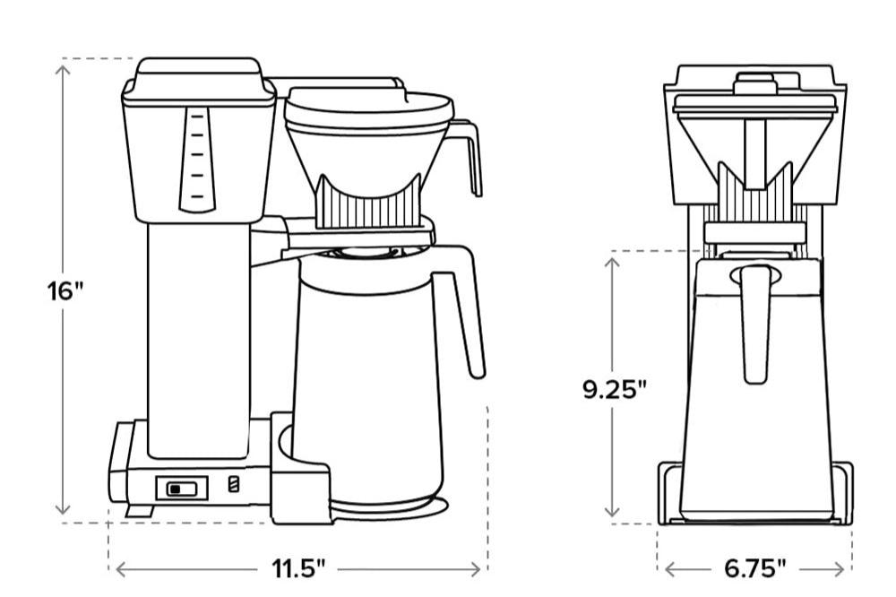 Diagrams of Moccamaster KBGT, front and Side view, with brewer dimensions - 16in High, 11.5in Wide, 6.75in deep