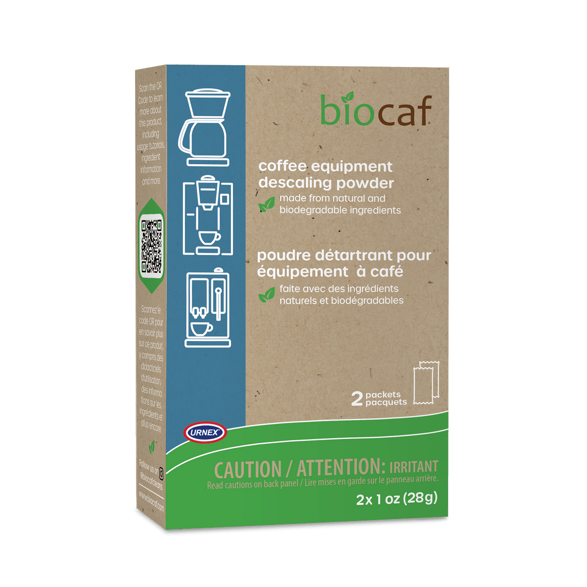 A box of Biocaf Coffee Equipment Descaling Powder.