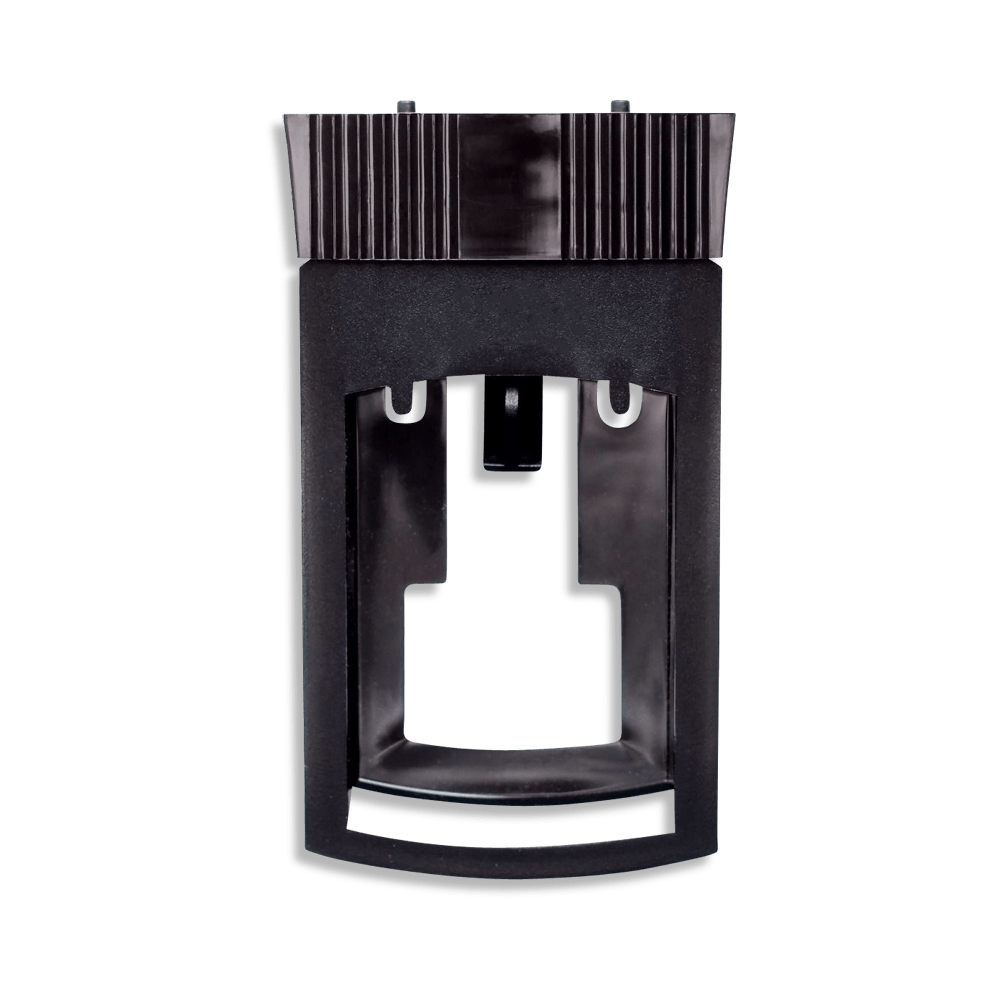 Black coffee machine component with ribbed top section and central hollow compartment.