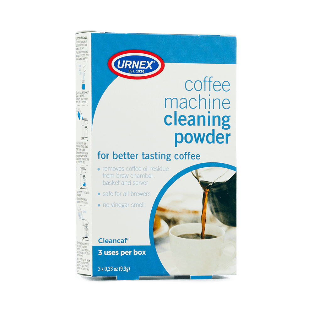 A box of Urnex Cleancaf coffee machine cleaning powder.