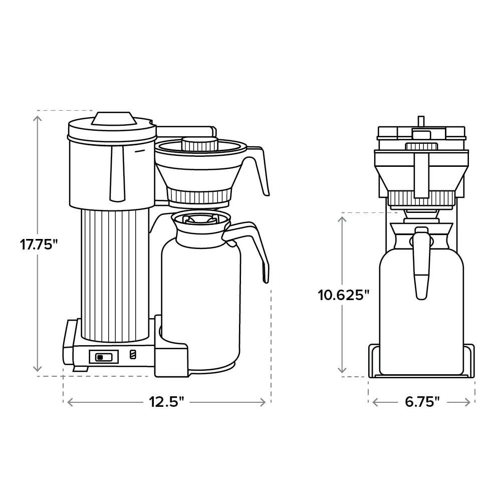 Stencil images of CDT grand and Carafe, front and Side view, with brewer dimensions - 17.75in High, 12.5in Wide, 6.75in deep,