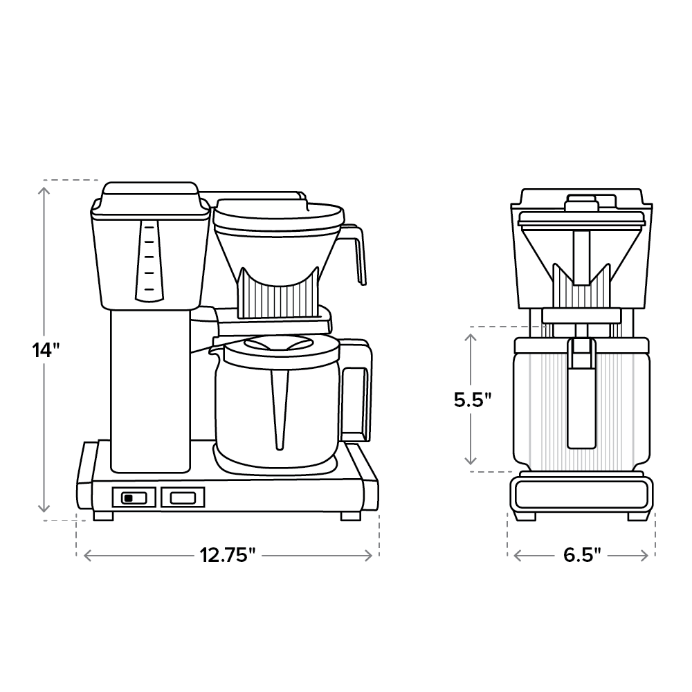 Diagrams of Moccamaster KBG, front and Side view, with brewer dimensions - 14in High, 12.75in Wide, 6.5in deep,