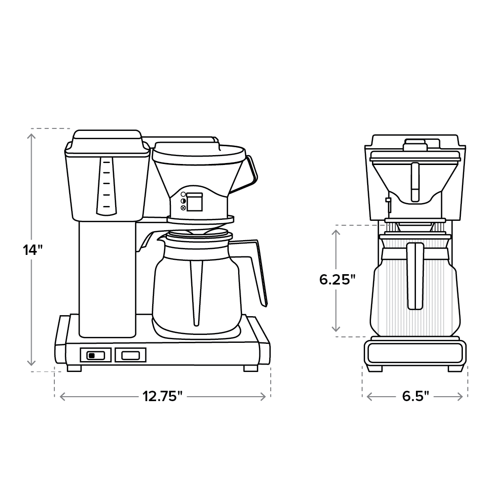 Diagrams of KB Moccamaster, front and Side view, with brewer dimensions - 14in High, 12.75in Wide, 6.5in deep,