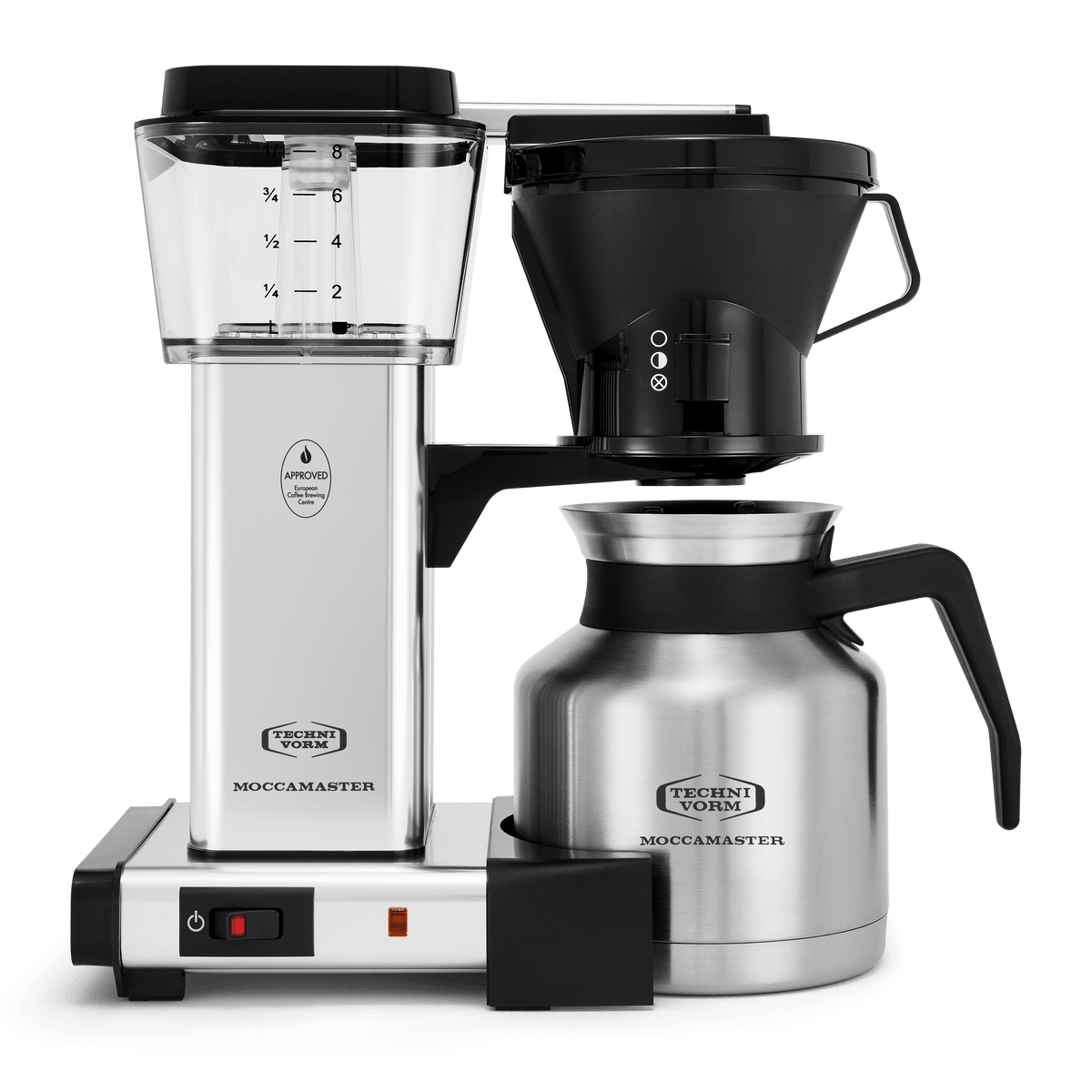 Front shot showing Moccamaster KBTS in Polished Silver, with rectangular tower and base, clear acrylic water reservoir with fill level marks, power switch, stainless steel carafe with black handle, and black manual drip adjustable brew basket.