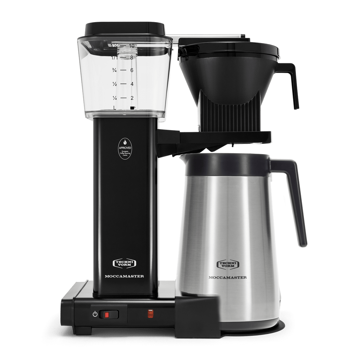Front shot showing Moccamaster KBGT in Black, with rectangular tower and base, clear acrylic water reservoir with fill level marks, power and switch, stainless steel thermal carafe with black handle, and black automatic brew basket.  