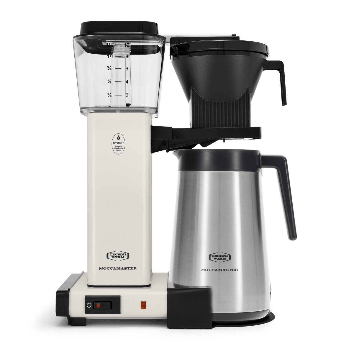 Front shot showing Moccamaster KBGT in Off-White, with rectangular tower and base, clear acrylic water reservoir with fill level marks, power and switch, stainless steel thermal carafe with black handle, and black automatic brew basket.  