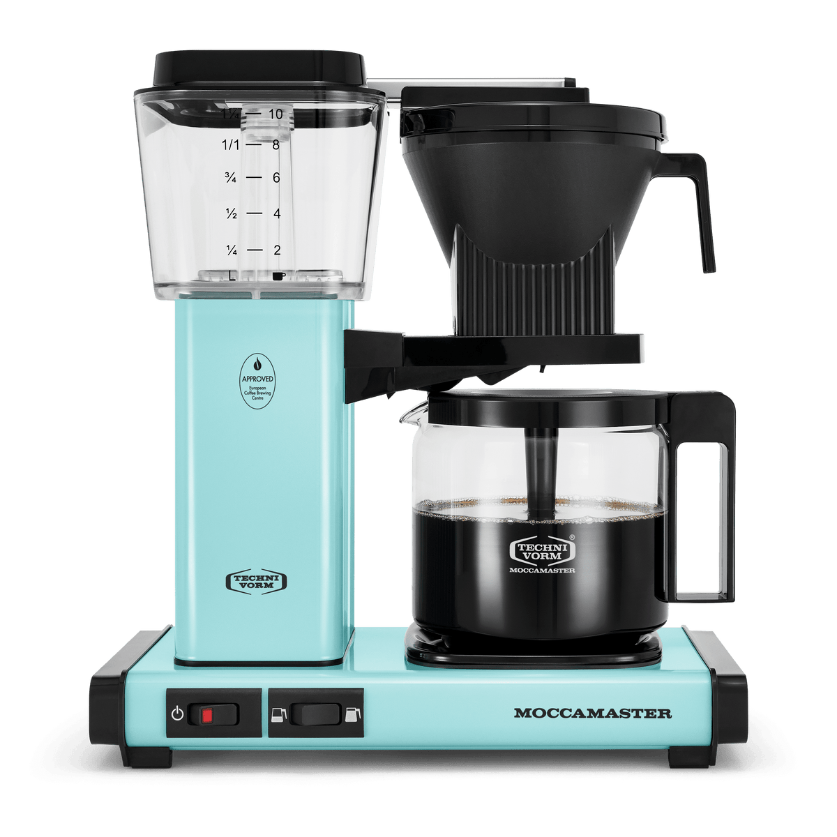 Front shot showing Moccamaster KBGV Select in Turquoise, with rectangular tower and base, clear acrylic water reservoir with fill level marks, power and volume selector switch, glass carafe with black handle, and black automatic brew basket.