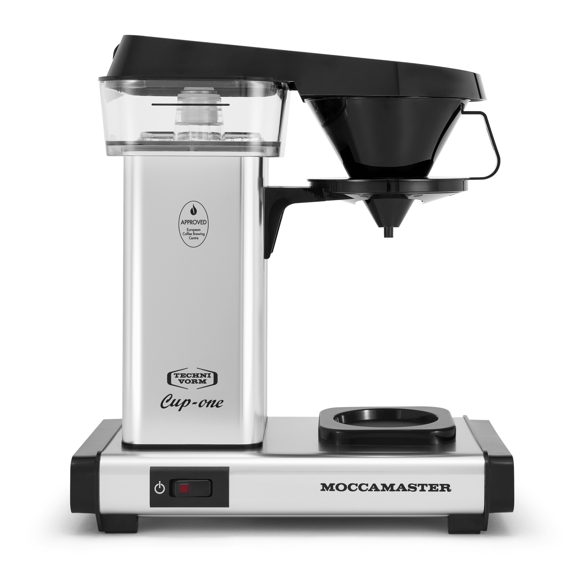 Moccamaster Cup-one Front - silver single cup coffee brewer, with rectangular body and base, clear acrylic water reservoir,  a black removable cup holder, and auto-off power switch