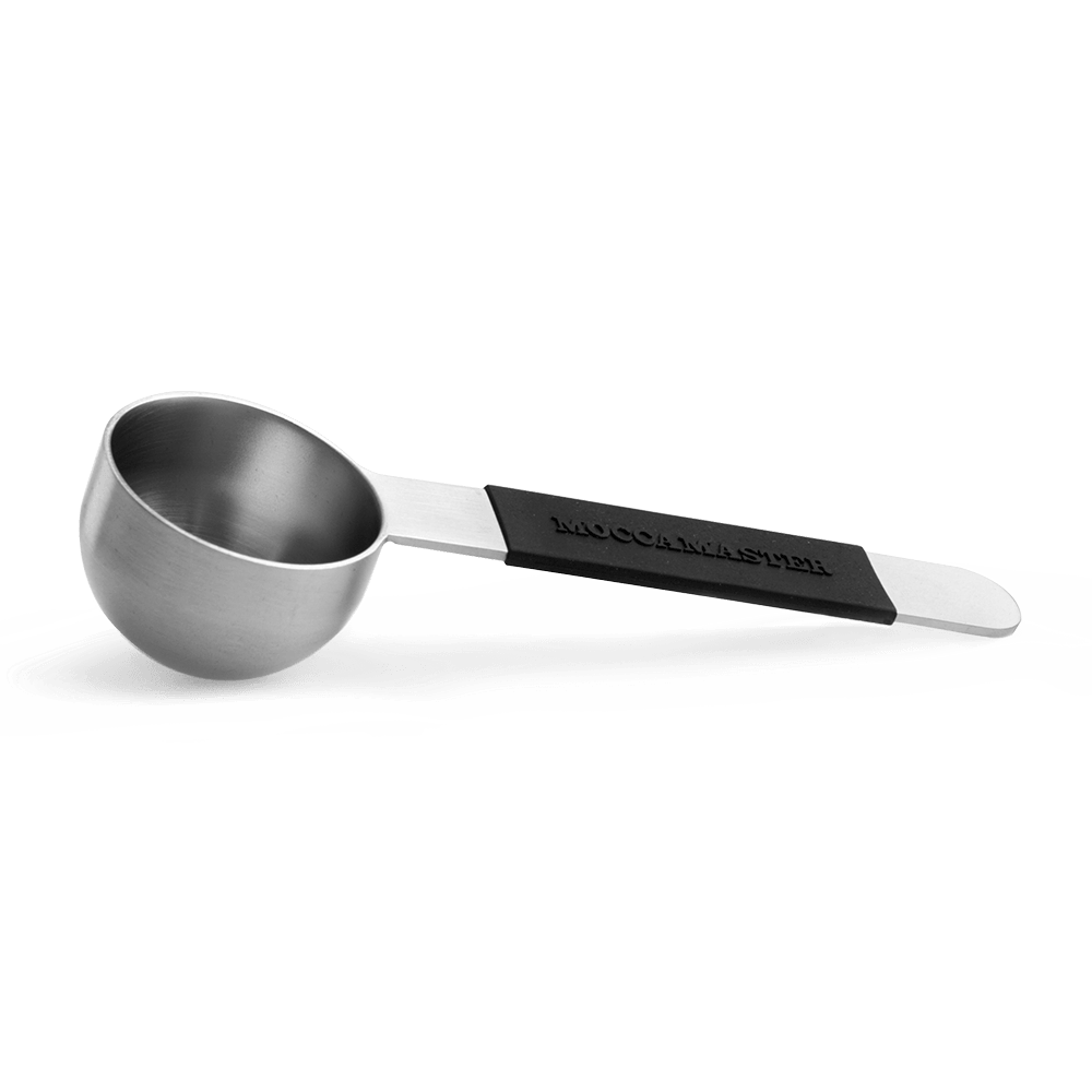 A stainless steel scoop for measuring coffee grounds.